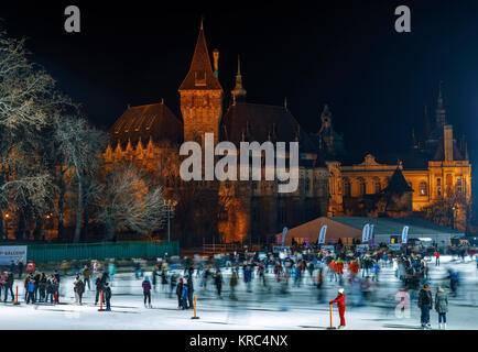 BUDAPEST, Ungarn - 17 Dezember: (Anmerkung des Editors: Dieses Bild wurde mit langer Belichtungszeit eingefangen.) Die Vajdahunyad Burg und dem Eisstadion der Stadt Park (auf Ungarisch: Városliget) am Hősök tere gesehen werden (Heldenplatz) am 17. Dezember in Budapest, Ungarn, 2017. Budapest ist ein beliebtes Reiseziel in Europa. Stockfoto