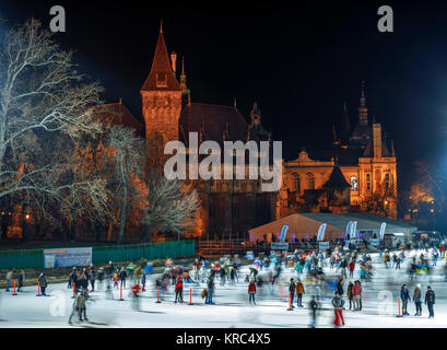 BUDAPEST, Ungarn - 17 Dezember: (Anmerkung des Editors: Dieses Bild wurde mit langer Belichtungszeit eingefangen.) Die Vajdahunyad Burg und dem Eisstadion der Stadt Park (auf Ungarisch: Városliget) am Hősök tere gesehen werden (Heldenplatz) am 17. Dezember in Budapest, Ungarn, 2017. Budapest ist ein beliebtes Reiseziel in Europa. Stockfoto