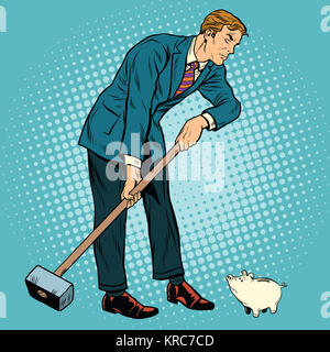 Retro-Geschäftsmann will take down ein kleines Sparschwein Stockfoto