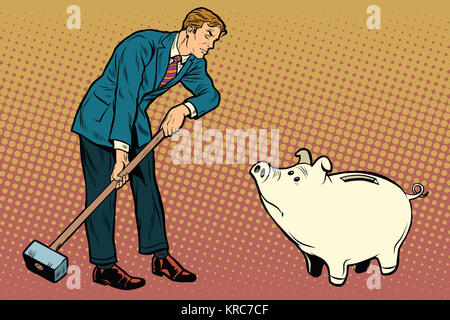 Retro-Geschäftsmann will brechen die niedlichen Sparschwein Stockfoto