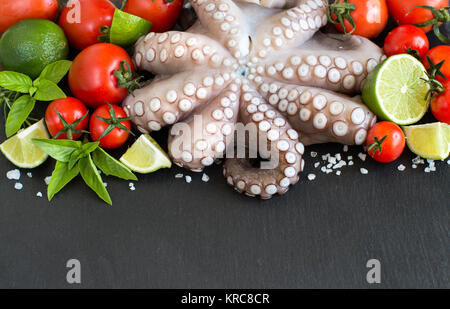 Rohen Tintenfisch mit Kalk, Tomaten und Basilikum Stockfoto