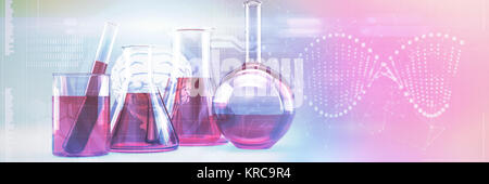 DNA-Helix und Gehirn Schnittstelle gegen Labor Kolben mit chemischen Lösungen Stockfoto