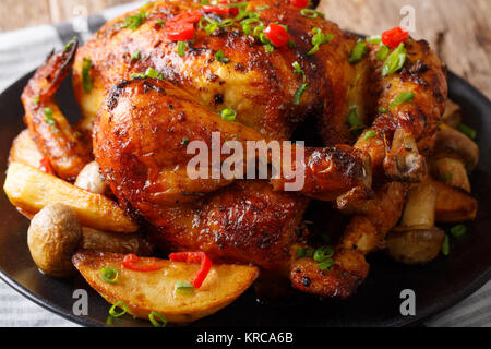 Hot gegrilltes Hähnchen mit pikanter Gewürze close-up auf einem Teller. Horizontale Stockfoto