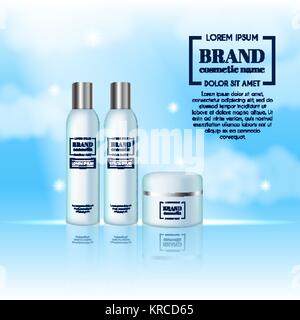 3D realistische kosmetische Flasche ads Vorlage. Kosmetische Marke Werbung Konzept Design am Himmel mit Wolken. Stock Vektor