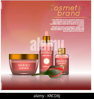 Vector3D kosmetische Abbildung mit Rose und bokeh Hintergrund. Schönheit realistische kosmetische Produkt Design Template Stock Vektor