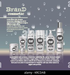 3D realistische kosmetische Flasche ads Vorlage. Kosmetische Marke Werbung Konzept Design mit Wasser blasen und Wassertropfen Hintergrund. Stock Vektor