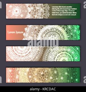 Banner Karte mit Blumen leuchtende dekorative Mandala Elemente Hintergrund gesetzt. Tribal, ethnischen, indischen, Islam, arabische und osmanische Motive. Stock Vektor