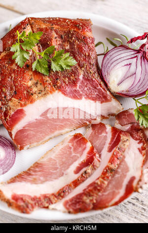 Geräucherte Schweinefleisch Hals Scheiben Stockfoto