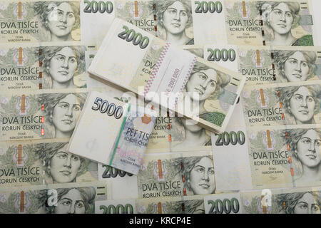 Tschechische Banknoten Nennwert eins und zwei tausend Kronen Stockfoto