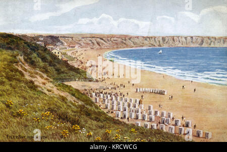 Blick auf den Strand in Filey Bay, North Yorkshire Stockfoto