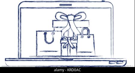 Laptop Computer Vorderseite mit Geschenkboxen und Einkaufstaschen im Bildschirm in Dunkelblau unscharfe Silhouette Stock Vektor