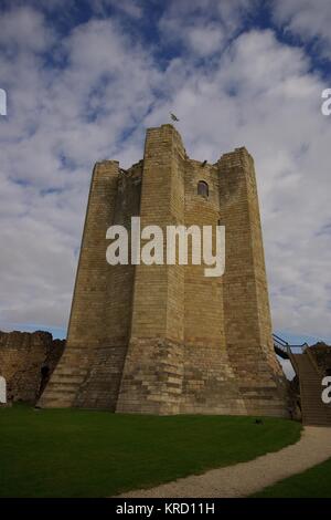 Blick auf Conisbrough Castle, in der Nähe von Doncaster in South Yorkshire. Es wurde in den 1180s Jahren vom fünften Earl of Surrey, Halbbruder von Heinrich II., erbaut und verfügt über den besten runden Norman Keep Tower in Großbritannien. Stockfoto