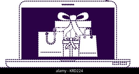 Laptop Computer Vorderseite mit Geschenkboxen und Einkaufstaschen im Bildschirm in Lila gepunkteten Silhouette Stock Vektor