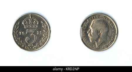 Britische Münze, George V. Silber, drei Penny Stockfoto