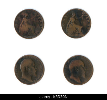 Britische Münzen, zwei Edward-VII-Pfennige Stockfoto