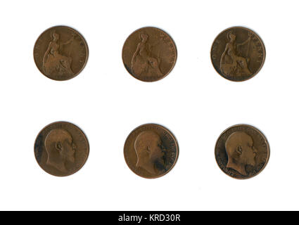 Britische Münzen, drei Edward-VII-Pfennige Stockfoto