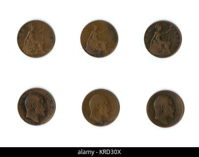 Britische Münzen, drei Edward-VII-Pfennige Stockfoto