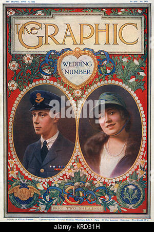 Abdeckung an der Vorderseite von der Grafik Magazin Royal Wedding Anzahl, die Hochzeit des Prinzen Albert, Herzog von York feiern zu Lady Elizabeth Bowes-Lyon am 26. April 1923. Die Abdeckung Design bietet die Englische Rose, schottische Distel, das Emblem der RAF (mit dem Herzog in Uniform) und einem Verlobungsring. Datum: 1923 Stockfoto