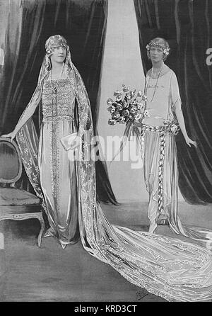 Königliche Hochzeit, 1923 - Brautkleid und Brautjungfernkleid Stockfoto