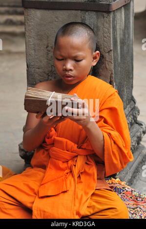 Junger buddhistischer Mönch liest aus einem hölzernen Tablet in Angkor Wat. Provinz Siem Reap, Kambodscha. Credit: Kraig Lieb Stockfoto