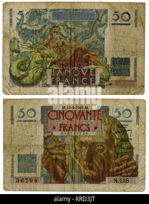 Französischer Schein, 50 Francs Stockfoto