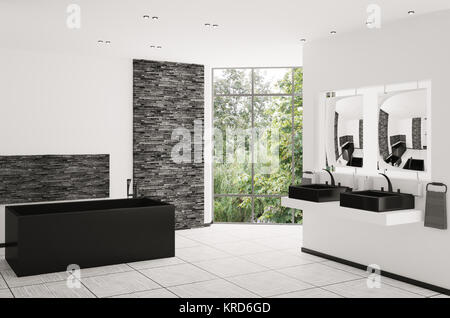 Innenraum der moderne Badezimmer mit schwarzen Badewanne und Waschbecken 3d render Stockfoto