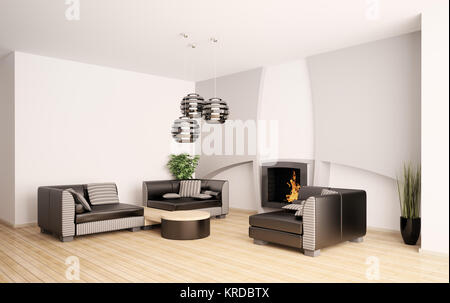 Moderne Wohnzimmer Interieur mit Kamin 3d render Stockfoto
