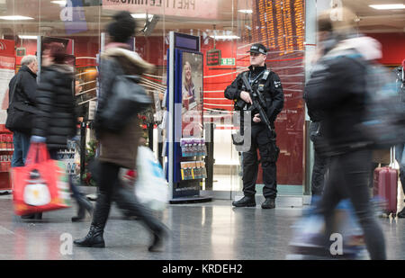 Bewaffneten britischen Transport Polizisten auf Streife in Manchester Piccadilly als Kraft gibt bekannt, dass zum ersten Mal, wird es bewaffnete Offiziere und Spezialist Operations Officers außerhalb von London. Stockfoto