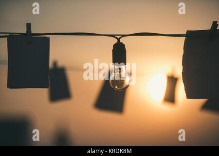 Glühbirnen und Papiere bei Sonnenuntergang Stockfoto