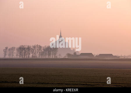 Mont Saint-Michel (St. Michael's Mount), Normandie, Nord-westlichen Frankreich: Landschaft mit Poldern, Reihen von Pappeln und die Farm im Nebel. (NichtTel-produkte Stockfoto