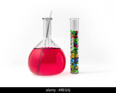 Chemie Flaschen mit Flüssigkeiten auf farbigen Hintergrund. 3D-Rendering Stockfoto