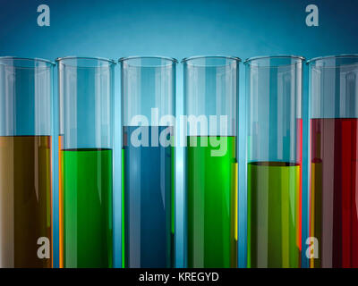 Chemie Flaschen mit Flüssigkeiten auf farbigen Hintergrund. 3D-Rendering Stockfoto