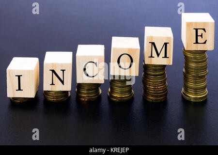 Einkommen Wort auf Holz oben auf Münzen Stapeln. Stockfoto