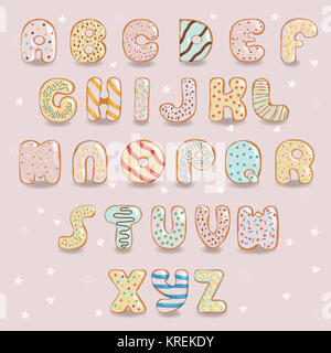 Weiße Schokolade donuts Font. Künstlerische Alphabet Stockfoto