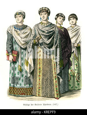 Vintage Gravur von Moden des Byzantinischen Reiches, 6. Jahrhundert. Gefolge der Kaiserin Theodora Stockfoto