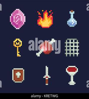 Vektor pixel Art Illustration isons für Fantasy Adventure Game Development, Gem, Feuer, trank, Schlüssel, Fleisch, Tor, Schild, Schwert, Schüssel Stock Vektor