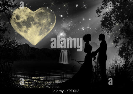 Valentine romantische Atmosphäre mit herzförmigen Mond und die Silhouette eines Paar Hände halten Stockfoto