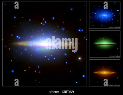 Diese große Observatorien Blick auf den berühmten Sombrero Galaxie wurde mit Chandra, Hubble und Spitzer. Die Abbildung zeigt das kombinierte Bild aus den drei Teleskope, während die eingefügten Bilder der separaten Observatorium Ansichten zeigen. Chandra X-ray Bild (blau) Zeigt heiße Gas der Galaxie und Quellen, die aus einer Mischung von Objekten innerhalb der Galaxien und Quasare im Hintergrund. Optisches Bild von Hubble (grün) zeigt die Wölbung von Starlight teilweise durch eine Felge von Staub, die Hell in Infrarot Spitzers Ansicht leuchtet blockiert. Sombrero Galaxie Stockfoto