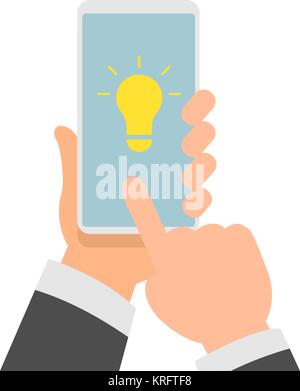 Flache Vector Illustration der Geschäftsmann Hände halten Smartphone mit einer Idee, die Glühbirne auf dem Bildschirm Stock Vektor