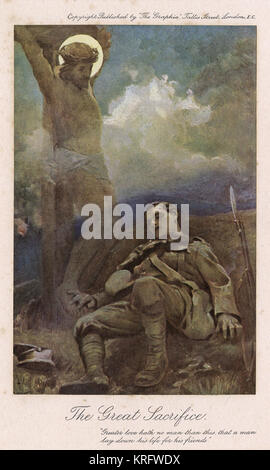 Das große Opfer von James Clark, die ursprünglich im Jahr 1914 Weihnachten Anzahl der Grafik veröffentlicht. Darstellung eines toten Soldaten auf dem Schlachtfeld mit einer ätherischen Bild von Christus am Kreuz, an ihn, es war eine der beliebtesten Bilder des Krieges. Stephen Paget beobachtet in der Cornhill Magazine, dass diese Grafik Abdeckung Eisenbahn bookstalls in Bildstöcken gedreht hat; der eine und einzige Bild des Krieges, bis jetzt, das sagt, was die meisten Bedürfnisse auf Leinwand gesagt werden. Datum: 1914 Stockfoto