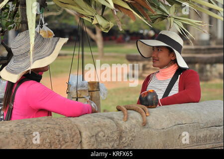 Khmer Frauen in Hüte Kokosnüsse verkauft bei Angkor Wat, Provinz Siem Reap, Kambodscha. Credit: Kraig Lieb Stockfoto