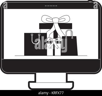 Desktop-computer Vorderansicht mit Geschenkboxen und Einkaufstaschen im Bildschirm in schwarze Silhouette Stock Vektor