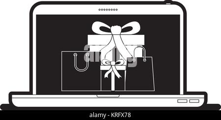 Laptop Computer Vorderseite mit Geschenkboxen und Einkaufstaschen im Bildschirm in schwarze Silhouette Stock Vektor