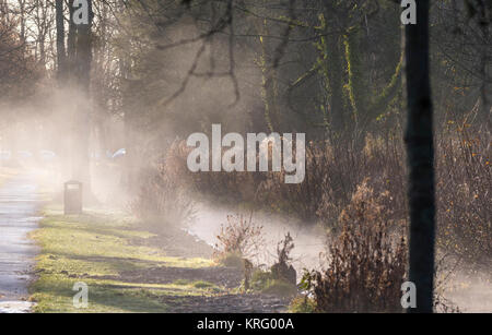 Nebel steigt aus einem Datenstrom wie am Morgen die Sonne wärmt die kalten Wasser, im Winter in Großbritannien. Stockfoto