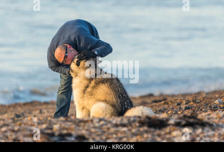 Ein Mann Zuneigung zeigen, einen Hund. Der beste Freund des Menschen. Begleitung Konzept. Stockfoto