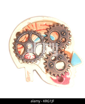 Menschlichen Kopf Modell mit Zahnrädern auf weißem Hintergrund Stockfoto