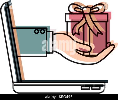 Laptop und Hand Geschenk Box online kaufen in Aquarell Silhouette Stock Vektor