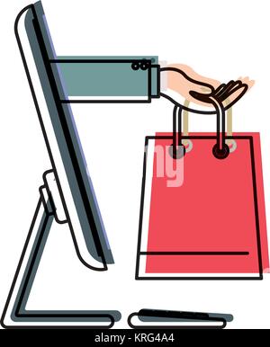 Desktop Computer und Hand Shopping Bag von online kaufen in Aquarell Silhouette Stock Vektor