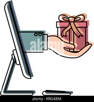 Desktop Computer und Hand Geschenk Box online kaufen in Aquarell Silhouette Stock Vektor