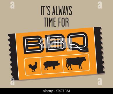 Grill Ticket vektor design mit Kuh, Schwein und Huhn. Design mit Ticket förmigen Grill Grafik und den Satz Es ist immer Zeit für einen Grill. Stock Vektor